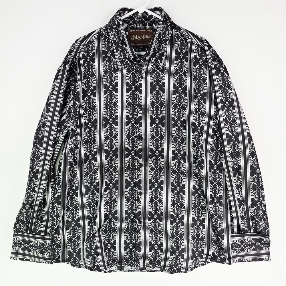 Manzini Men 2XL Gray Black Geometric French Cuff‎ Dress Shirt Button Long Sleeve